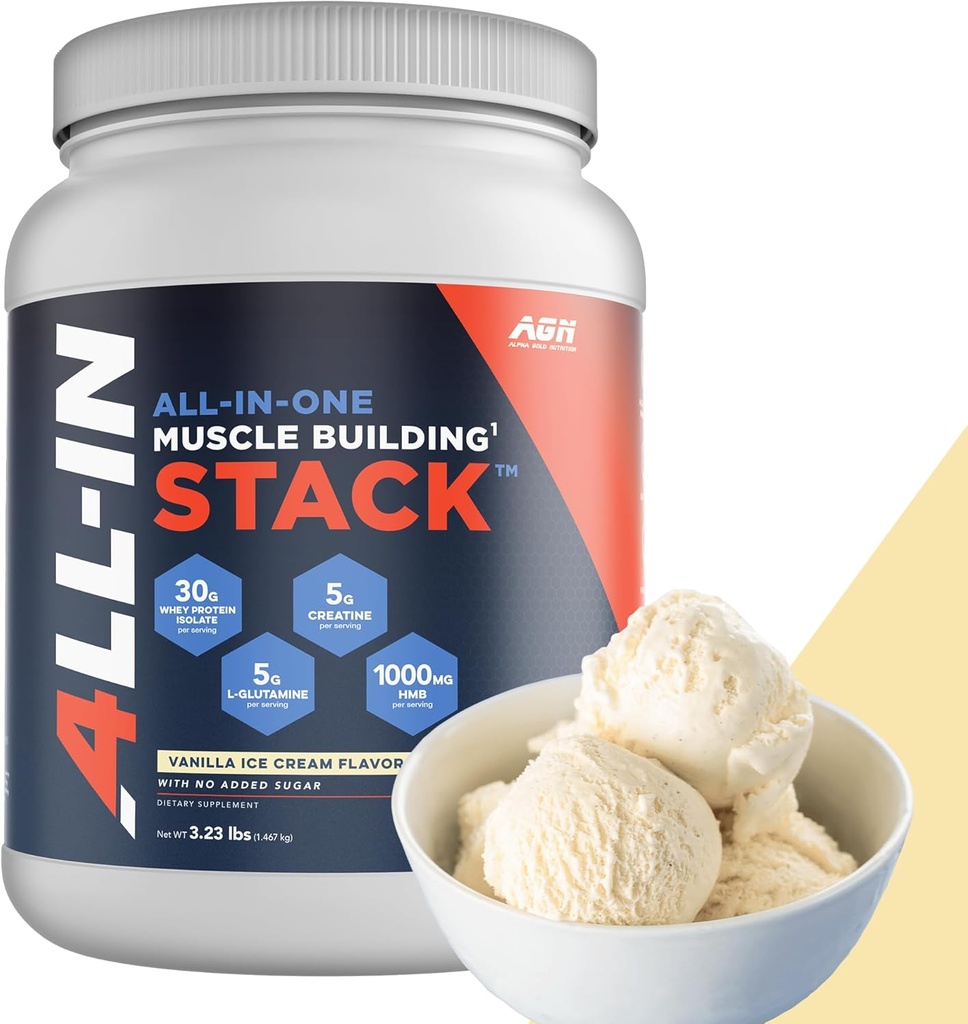 All-in-One Muscle Building Stack - Vanilla Whey Protein Isolate, Creatine Monohydrate, HMB, and L-Glutamine, 4 Products in one, nothing Artificial, 30 Servings