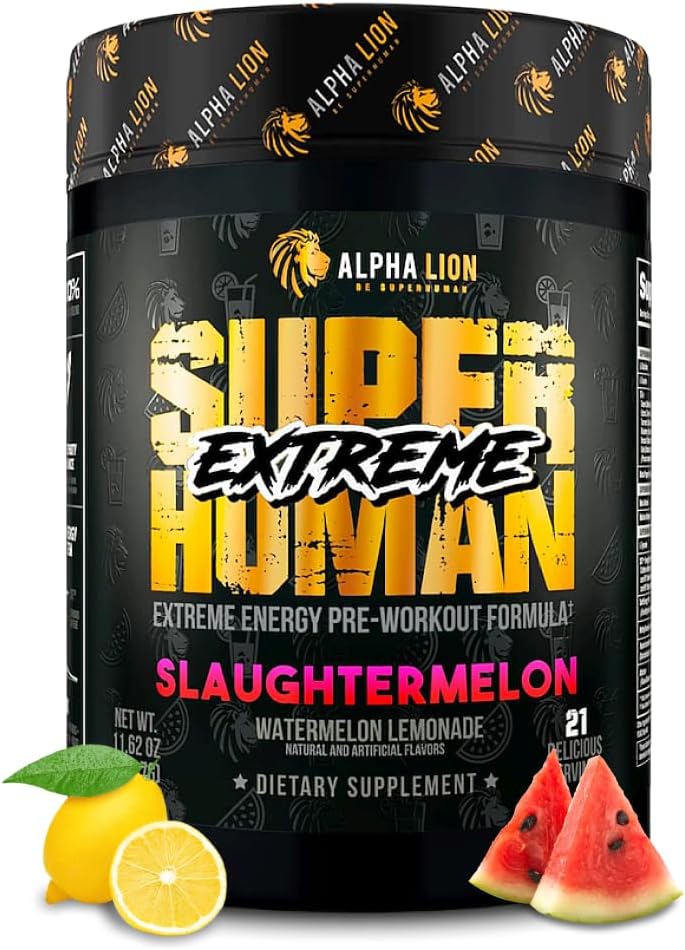 ALPHA LION Superhuman Extreme High Time Workout Pulveris, Beta Alanīns, L-Taurīna & 356mg Tri-Avots Kofeīns ilgstošai enerģijai, Slāpekļa oksīds un Citrulīns sūknim (21 Kalpo, Slaughtermelon)