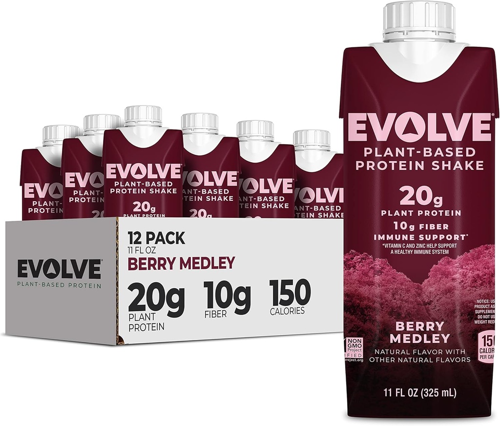Evolve Plant based Proteine Shake, Berry Medley, 20g Vegan Proteine, Immune Support, Vitamina C & Zinc, Dairy Free, No Artificial Sweeteners, Non-GMO, 10g Fiber, 11oz, (12 Pack) (Formula May Vary)