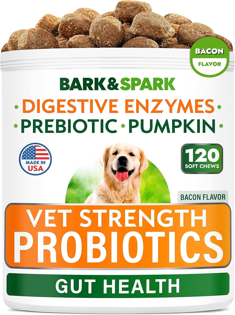 BARK&SPARK Vet Strength Dog Probiotics Chews - Gas, Diarrhea, Allergy, Constipation, Upset Stomach Relief, with Digestive Enzymes + Pumpkin + Prebiotics - Chewable Fiber Supplement - 100ct - Bacon