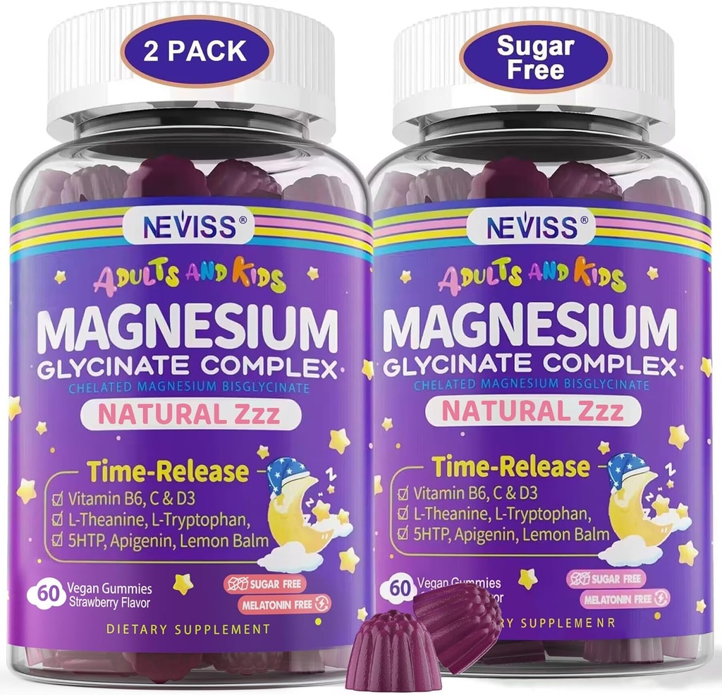 Magnesium Glycinate Gummies for Adults & Kids 4+, Sokeriton Magnesium Bisglysinaatti Täydennys 400/200 mg kanssa B6D3, 5HTP, L-Theanine for Sleep & Relaxation, Brain, Lihas, Melatoniini vapaa Gummies,2Pack