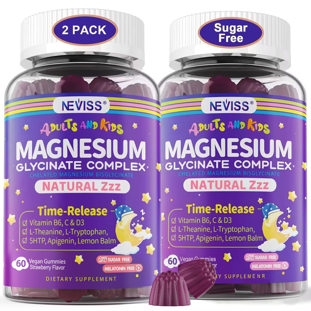 Magnesium Glycinate Gummies for Adults & Kids 4+, Sugar Free Magnesium Bisglycinate Supplement 400/200mg with B6D3, 5HTP, L-Theanine for Sleep & Relaxation, Brain, Muscle, Melatonin Free Gummies,2Pack