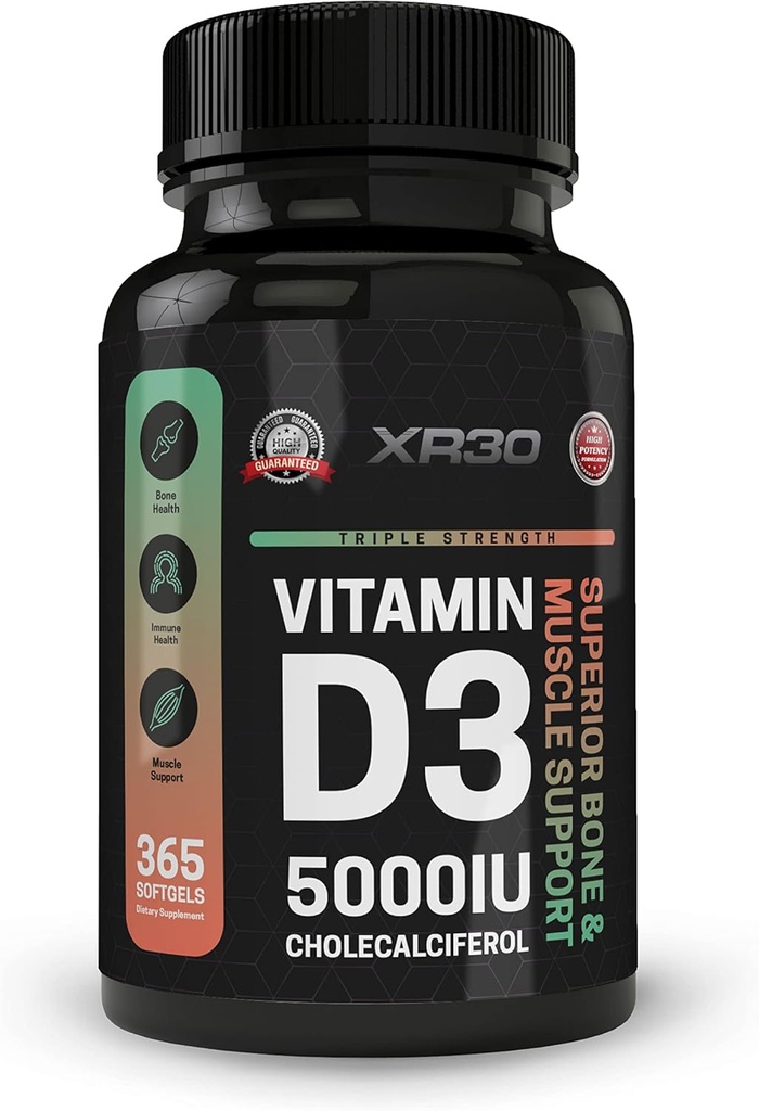 Vitamin D3 5000IU Cholecalciferol - Superior Bone & Muscle Support - 365 Softgels - Made in USA