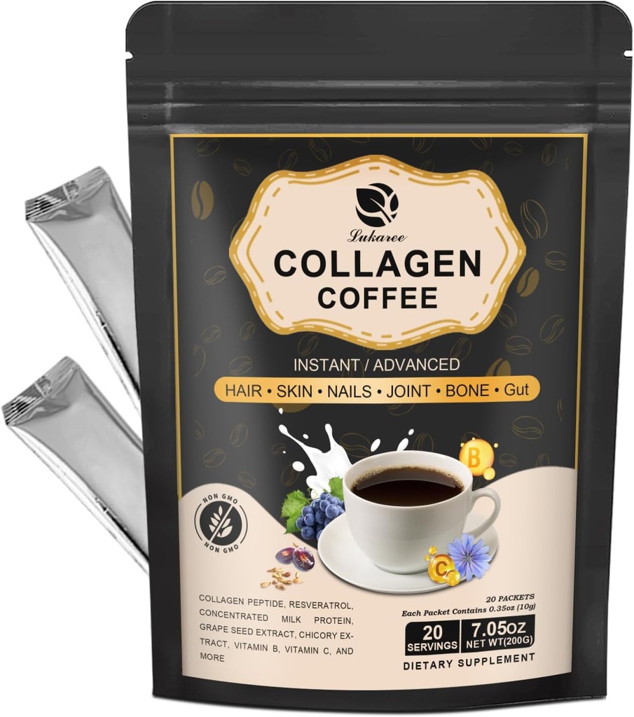 Lukaree Collagen Coffee con vitamina B7, B9, polvere di peptide di collagene istantanea con Reseratrol, vitamina C, carnosina per capelli, pelle, unghie, ossa