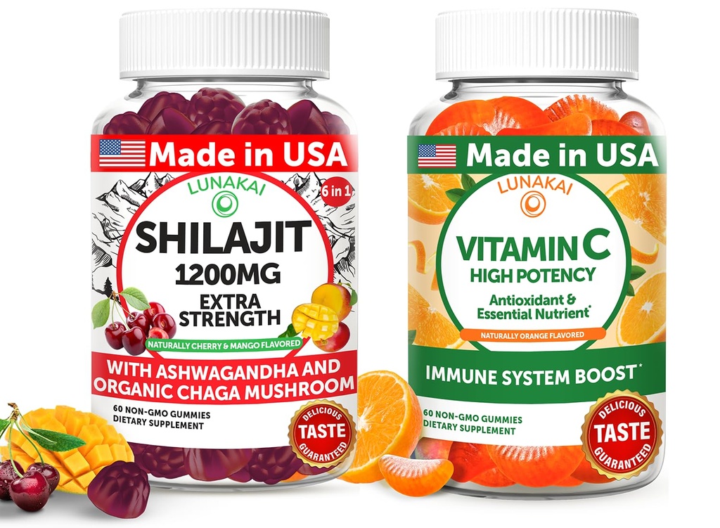 Lunakai USA Made Shilajit & Vitamin C High Potency Gummies Bundle – Energy and Immune Support – Non-GMO & Delicious