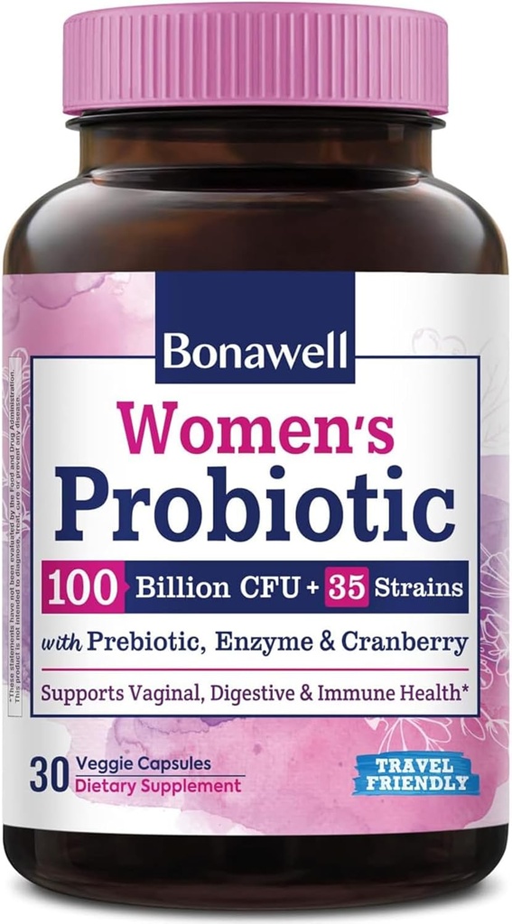 Probióticos de Bonawell para Mulleres 100B, con Prebióticos, encimas dixestivos e Cranberry orgánico para a saúde vaxinal feminina, dixestión e inmunidade, Shelf-Stable, retardado-Release, 30 Veggie Caps