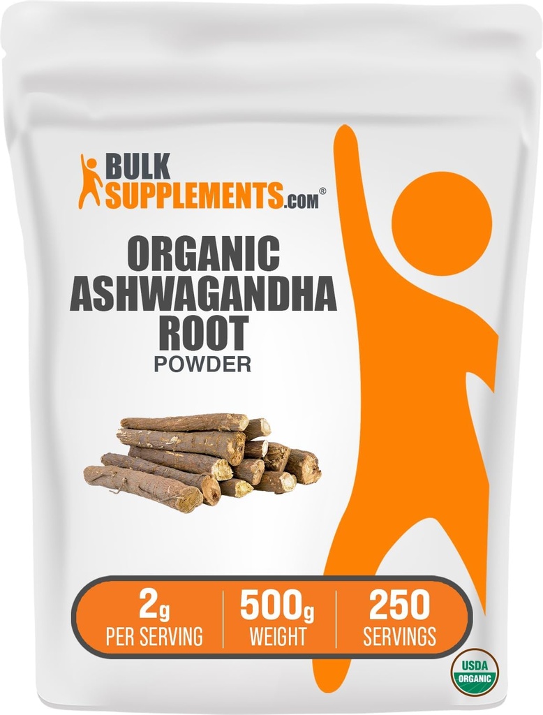 BulkSupplements.com 유기 Ashwagandha 분말 - 유기 Ashwagandha 보충제, Ashwagandha 루트에서 소스 - 글루텐 무료, 서빙 당 2g, 500g (1.1 파운드) (팩 1)