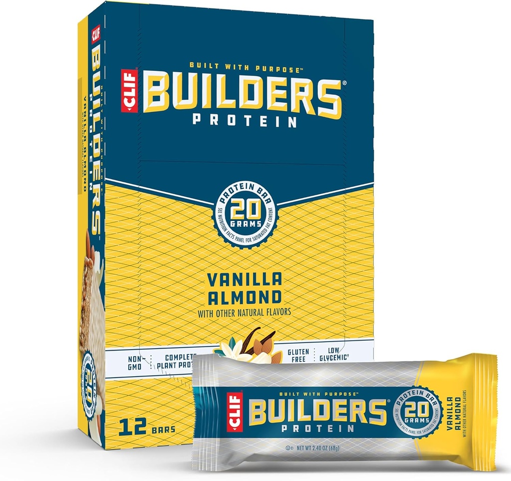 CLIF BUILDERS Protein Bars - Vanilla Almond Flavor - 20g Plant Based Protein - Gluten Free - Non-GMO - Bassa glicemica - Nessun dolcificante artificiale - 2.4 oz. (12 Confezione)