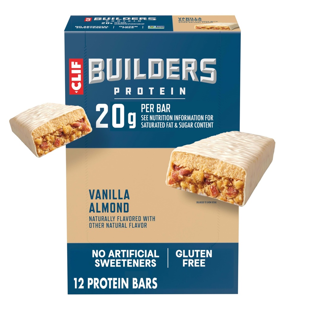 CLIF BUILDERS Protein Bars - Vanilla Almond Flavor - 20g Plant Based Protein - Gluten Free - Non-GMO - Low Glycemic - No Artificial Sweeteners - 2.4 oz. (12 Pack)