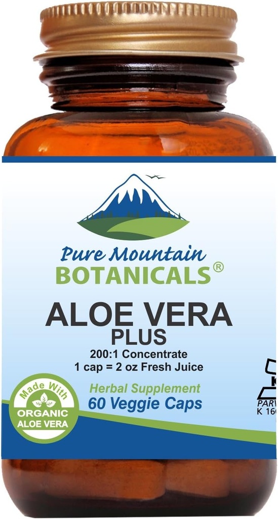 Pure Mountain Botanicals Aloe Vera Plus Cápsulas. 200:1 Extrato. Kosher orgânico seco Aloe Vera Gel, Marshmallow Root, Slippery Elm