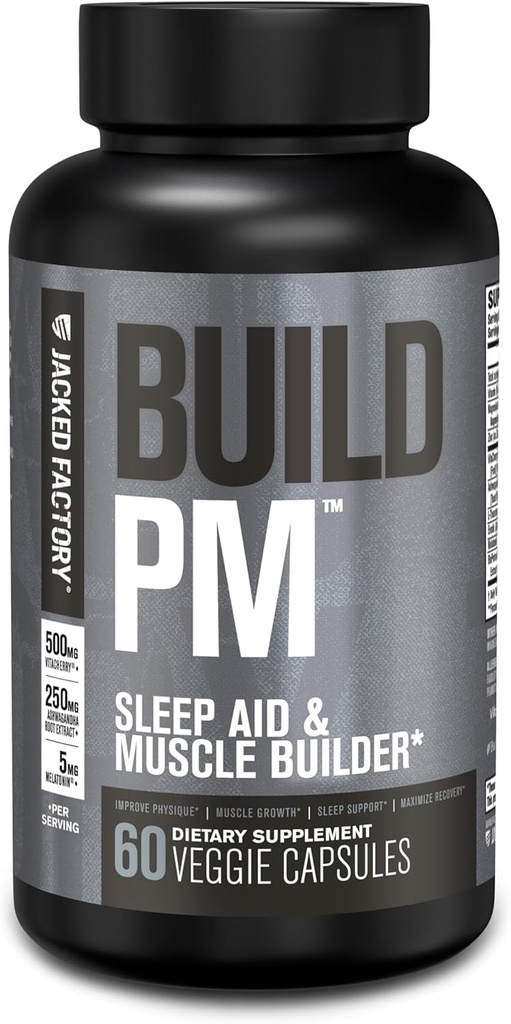 Jacked Factory Build PM Night Muscle Builder & Sleep Aid - Post Workout Recovery & Sleep Supplement w / VitaCherry Tart Cherry, Ashwagandha, & Melatonin - 60 Natural Veggie Pills