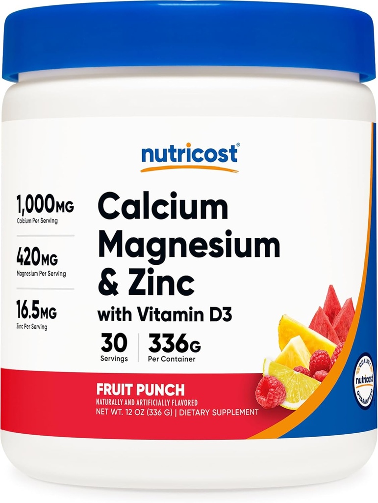 Nutricost Calcium Magnesium Zinc with Vitamin D3 Powder, 30 Servings (Fruit Punch) - Calcium (1000 MG) Magnesium (420 MG) Zinc (16.5 MG) Vitamin D3 (30 MCG) - Gluten Free, Non-GMO