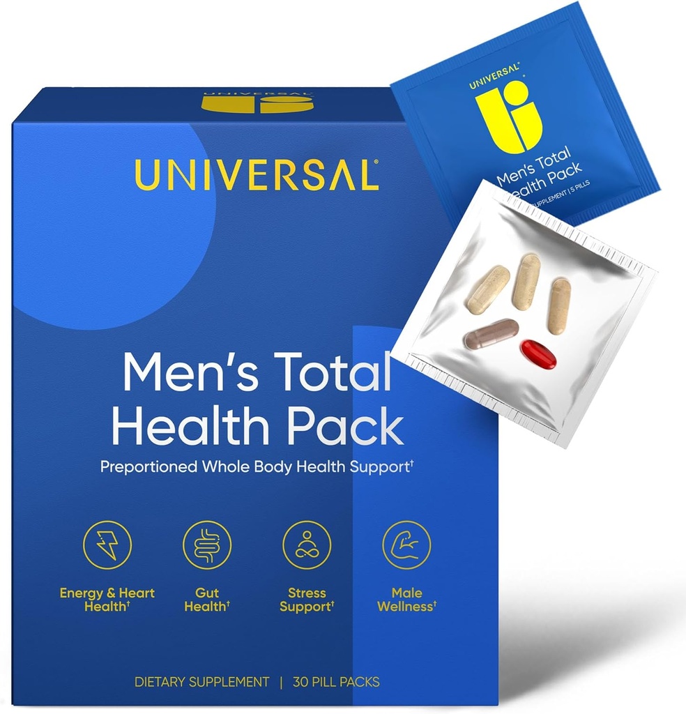 Mannen Total Health Dagelijkse Vitamine Packs - 22 Essentiële Mineralen en Vitaminen voor Mannen, All-in-One Multivitamine Supplement voor Energie, Stress Ondersteuning, Hart, Gut Health met Krill olie, Adaptogenen - 30 Pack