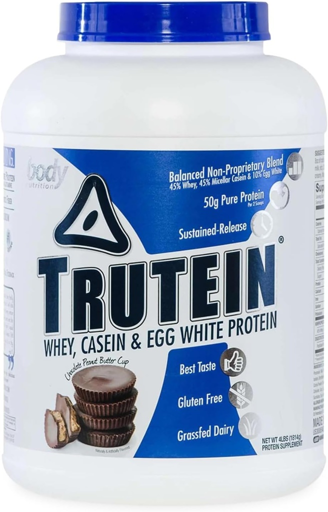 Body Nutrition Trutein Yüksək Protein Toz: 45% Whey, 45% Casein, 10% Yumurta White Protein Shake Mix, Gluten-Free, Aşağı sodyum, Kişilər və Qadınlar üçün aşağı avtomobilb Protein Supplement, 4lb, Chocolate Peanut Butter, 4lb