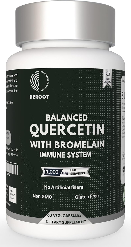 Bromelain Capsules ilə 500mg Quercetin: Respiratory Support Non-GMO / Gluten Free / Ətraflı Sağlamlıq və Yaddaşlıq (60 Kapsül)