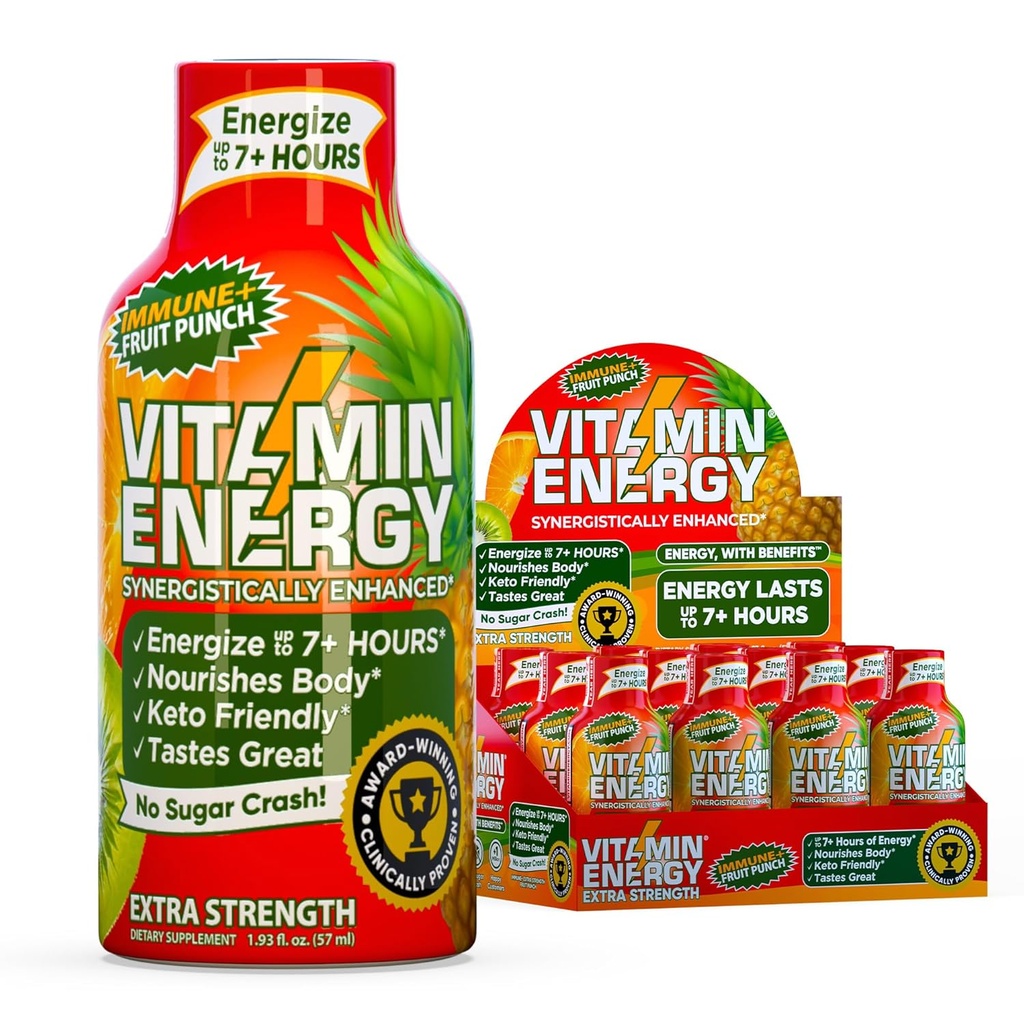 Vitamina Energie Immune+ Extra Putere Energie Shot Fructe Punch 12 Pack, 260mg Natural Cafeina, B-Vitamins, Ceai verde, Imunitate & Focus de sprijin, Zero Zahăr, Gluten-Free 1.93 fl oz