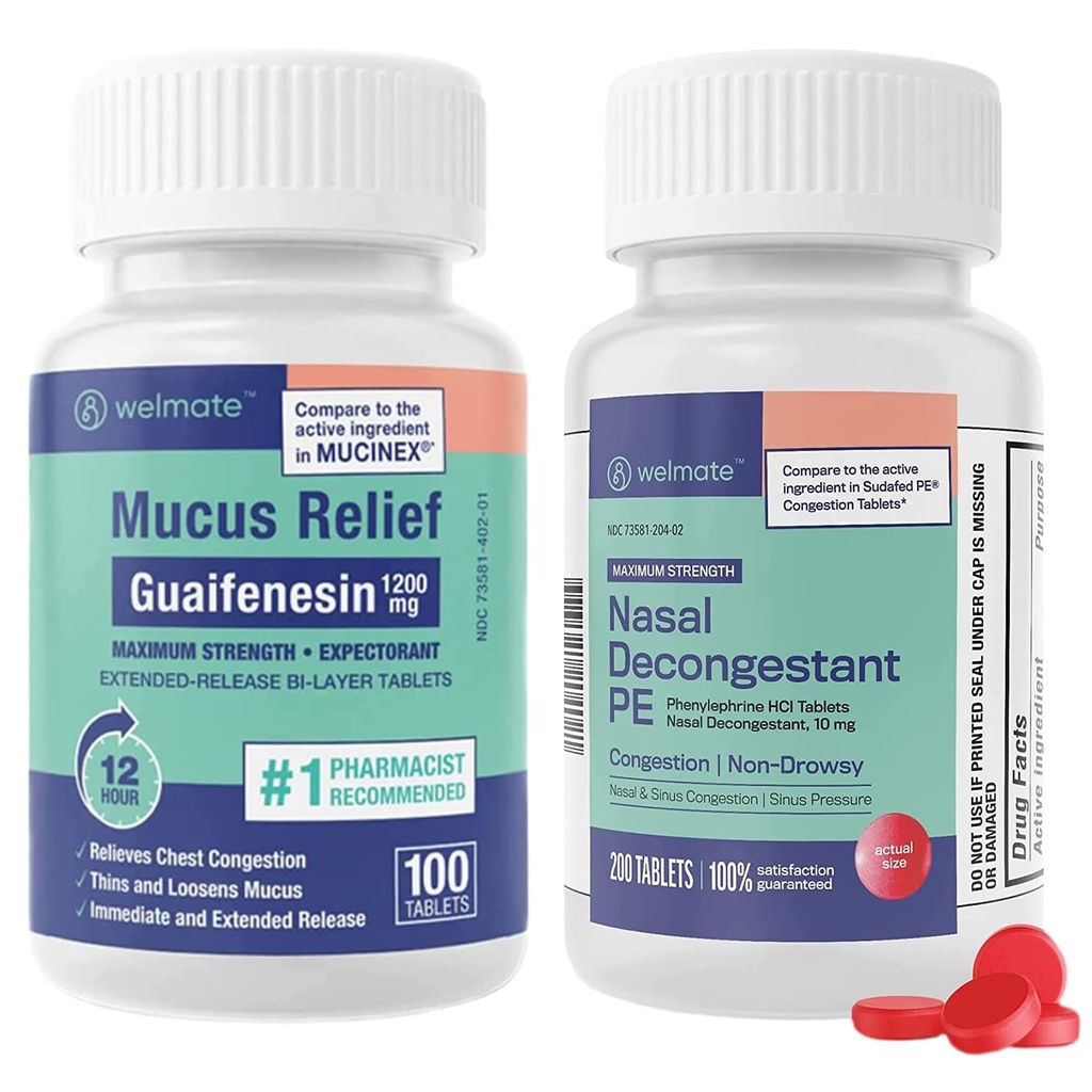 WELMATE Respiratory Relief Bundle: Maximum Strength Guaifenesin 1200 Mg Mucus Relief (100 Bi-Layer Tablets) + Phenylephrine HCl 10 mg Nasal Decongestant PE (200 Tablets) Sinus, Cold & Allergy Support