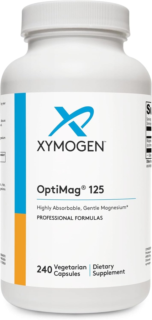 XYMOGEN OptiMag 125 - Magnesium Supplement met Di-Magnesium Malate & Glycinate Lysinate ter ondersteuning van nerve, spier, botgezondheid + hartgezondheid (240 capsules)