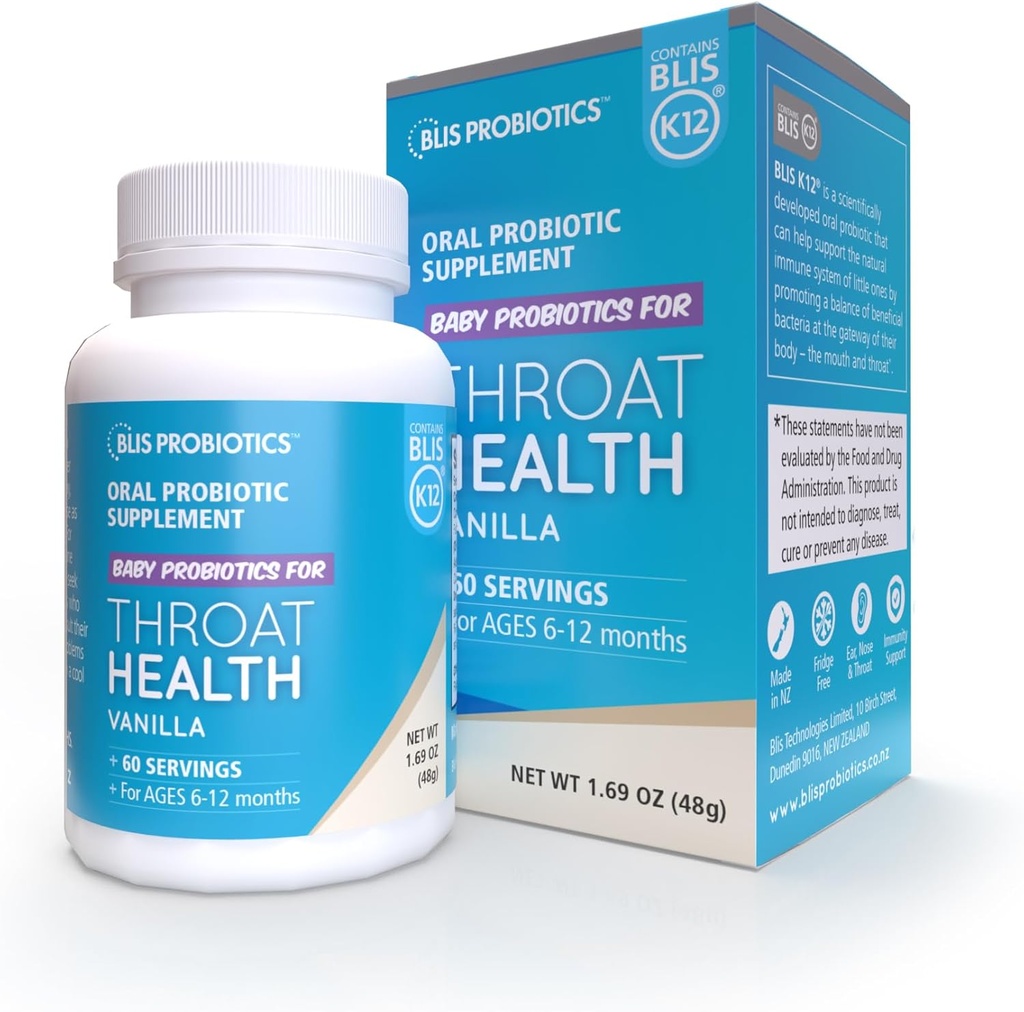 BLIS Baby ThroatHealth Probiótico po - Probiótico K12, oído, nariz, apoio inmune de garganta - 60 doses