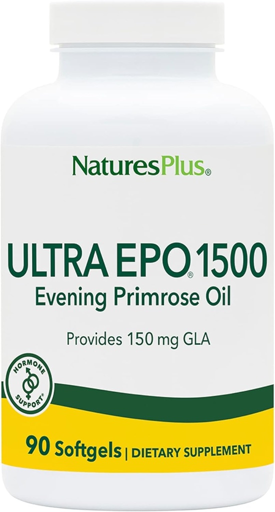 NaturesPlus Ultra EPO 1500 - Óleo de Primrose - Suporte Antioxidante Pré-Menstrual e Menopausal - Promove a pele clara - Gluten Free - 90 Softgels, 90 Servings