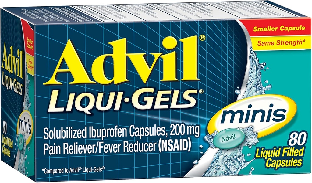 עו"ד Liqui-Gels Minis Pain Reliever ו-Fever reductionr, Pain Medicine for Adults with Ibuprofen 200mg for Pain Relief - 80 קפסולות ממולאות