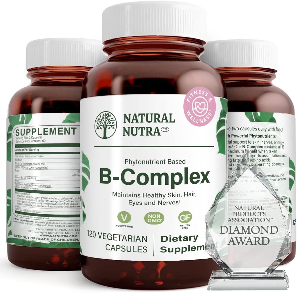 Natural Nutra Vitamina B Complexo com Niacina, Folato, Thiamin, Biotina, Suporta a Saúde do Sistema Nervoso, Promove o Metabolismo, Pele, Olhos e Saúde do Cabelo, Suplemento Alimentar Integrado, 120 Cápsulas Vegetarianas