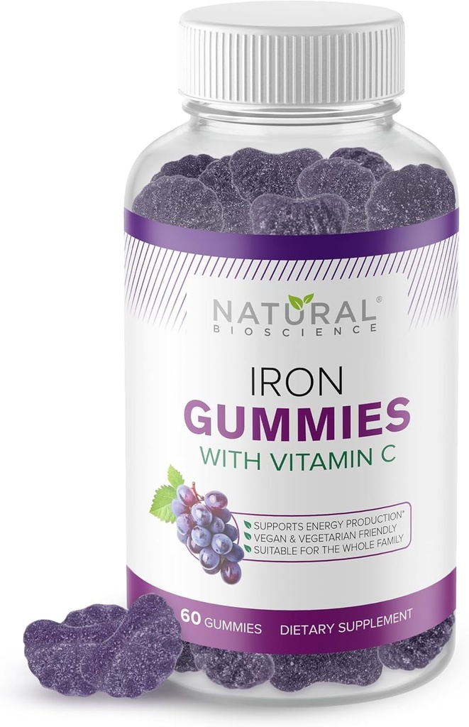 Iron Gummies with Vitamin C - Chewable Iron Supplement for Adults & Kids, Iron Deficiency Anemia, Red Blood Cell Support, Energy, Immune Function, Brain Health, Max Absorption, 60 Vegan Gummies