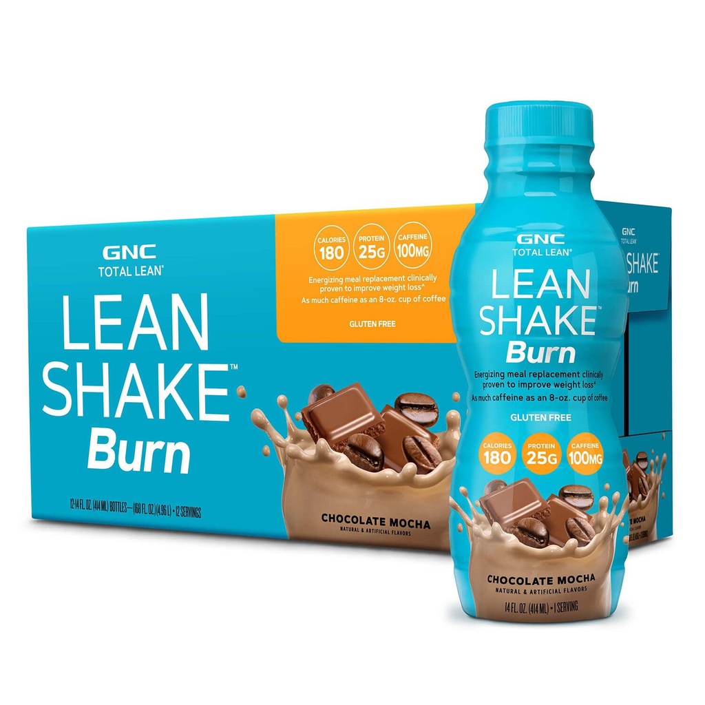 GNC Lean Shake Burn z kofeinom, Nadomestek obroka, čokolada Mocha, 25g beljakovine, klinično dokazano upravljanje teže, pripravljen za pitje, nič dodanega sladkorja, 14 oz steklenice, pakiranje po 12