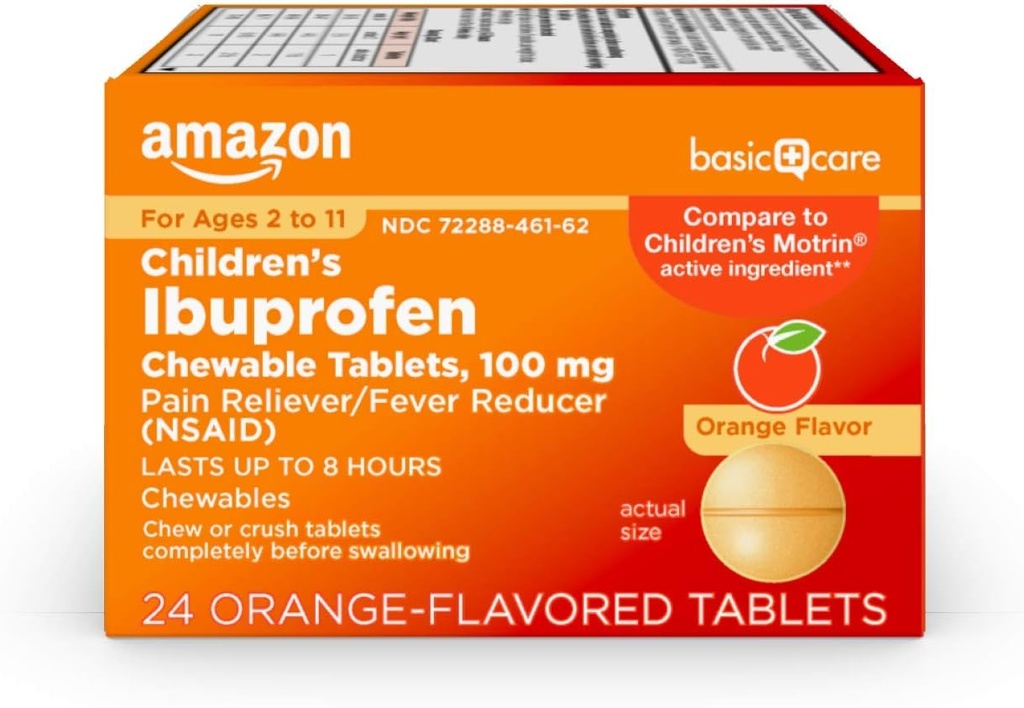 Cuidado básico Tablas para niños Ibuprofeno Chewable, 100 mg, Alimentador de Dolor y Fiebre, Sabor de Naranja, Para dolores, dolores, garganta profunda, dolor de estómago y alivio de dolor de cabeza, 24 Cuenta