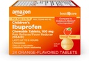 Soins de base Ibuprofène pour enfants Comprimés chirurgicaux, 100 mg, analgésique et réducteur de fièvre, Arôme d'orange, Pour les douleurs, les douleurs, la gorge douloureuse, le soulagement des dents et des maux de tête, 24 comtes