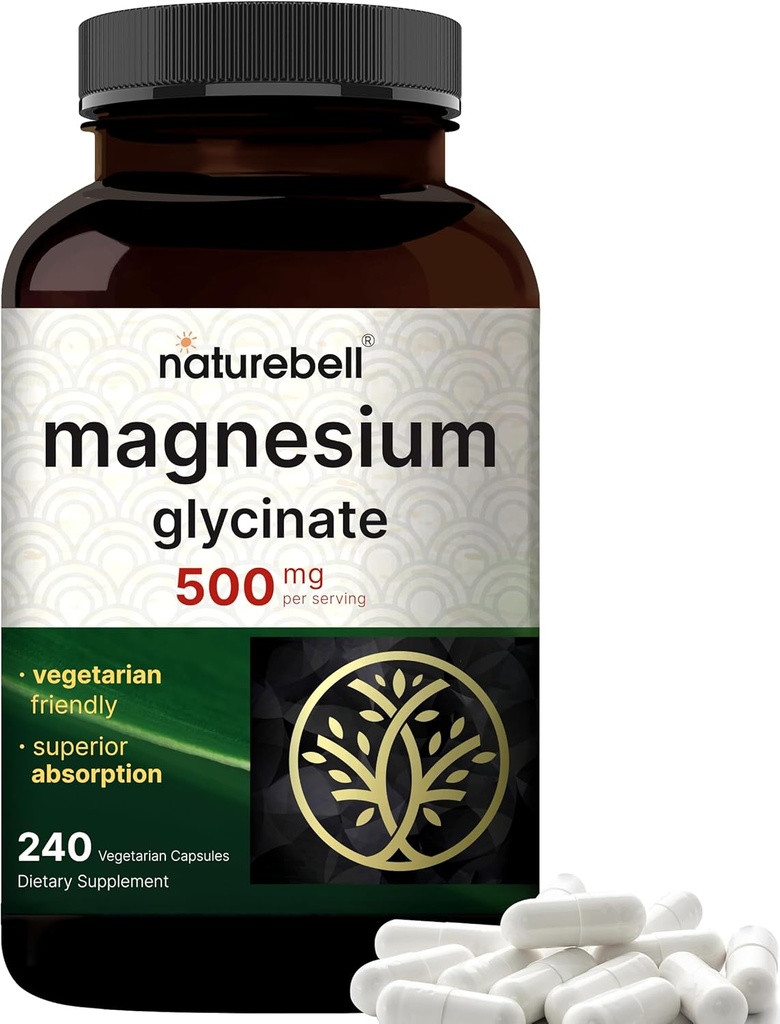 Naturebell Magnézium Glicinate 500mg, 240 Veggie Capsulated 124; 100% Chelated & Purified Aviation 124; Sleep, Muscle & Nerve Support Aviation