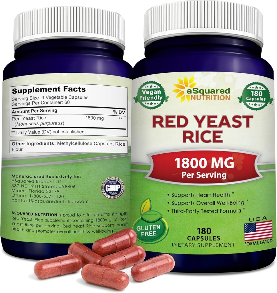 aSquared Nutrition Red Yeast Rice 1800mg - Dietary Supplement Vegan Powder Pills to Support Cardiovascular Health - 180 Veggie Capsules