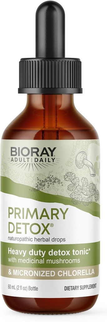 BIORAY Daily Primary Detox - 2 fl oz - med medisinske mushrooms & mikronisert klorella - økologisk, ikke-GMO, vegetarisk, glutenfri - Ca. 15 Tjenester