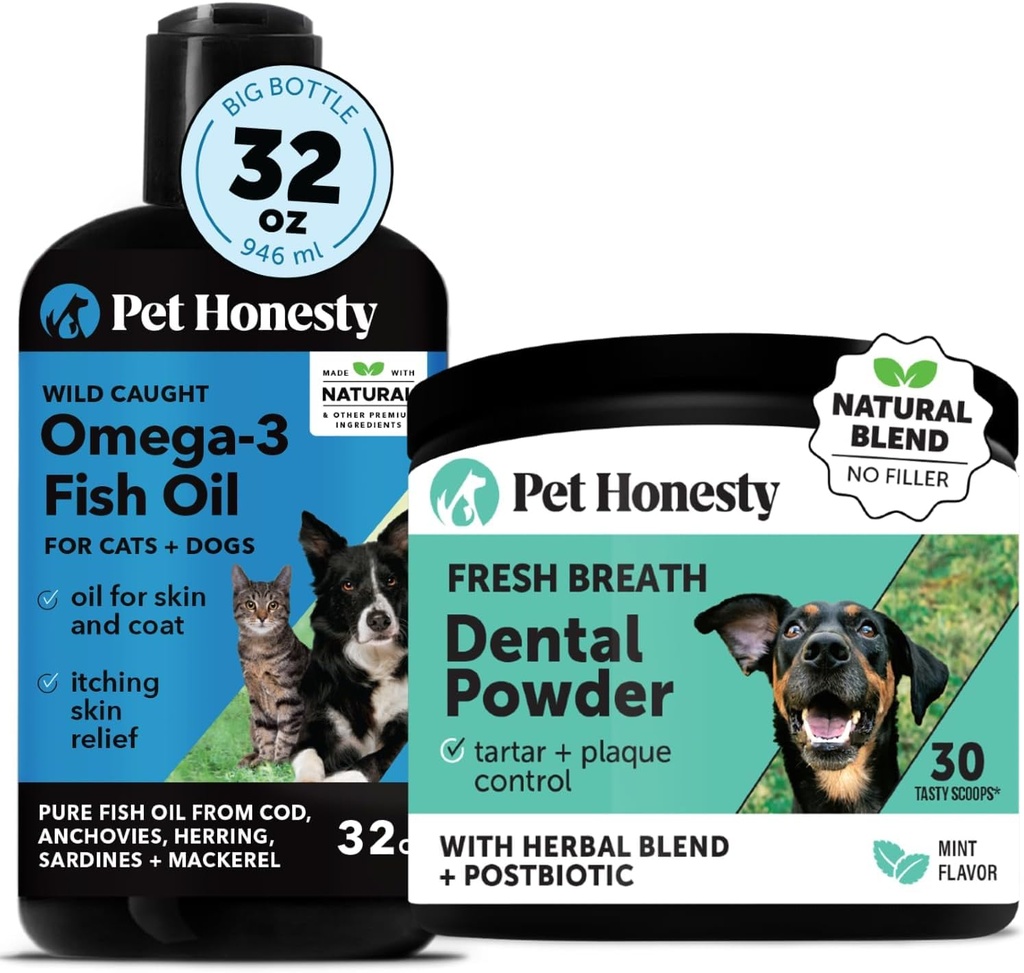 Omega-3 Fish Oil for Dog + Dental Powder for Hampaiden puhdistus & Plaque Removal, edistää terve iho, turkki ja immuuni tuki
