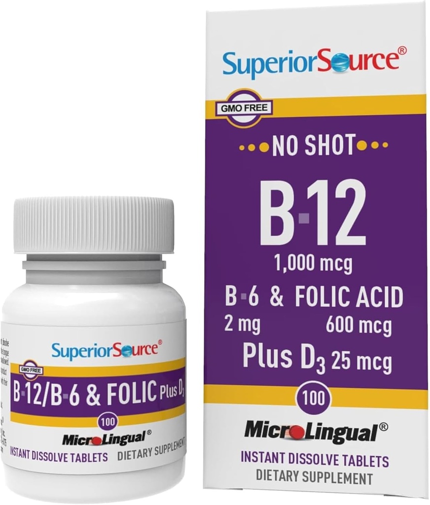 Superior Source No Shot Vitamin B-12 Cyanocobalamin 1000 mcg, B-6, Folic Acid & Vitamin D-3 1000 IU - Supports Energy, Brain, Heart, & Bone Health - 100 Sublingual Disizator Tablet