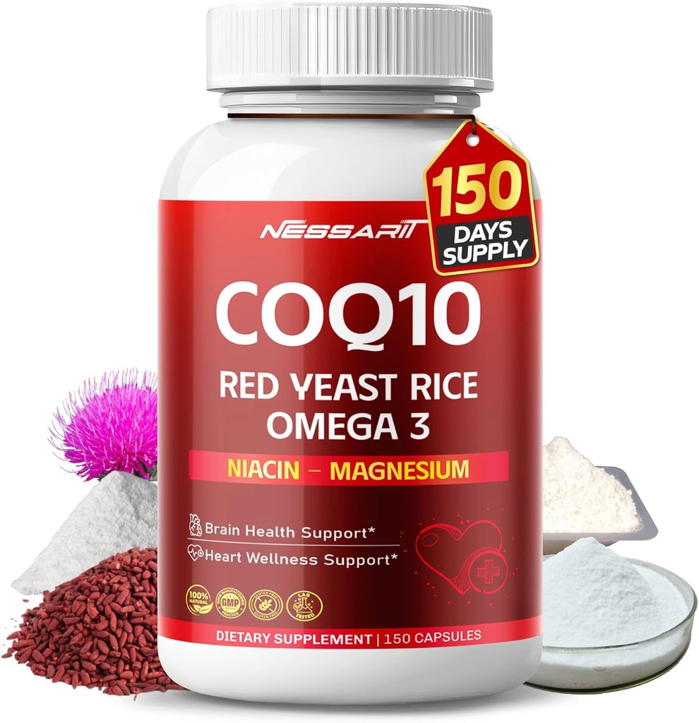 COQ10 + Red Yeast Rice Supplement - 10-in-1 Natural Blend с Omega 3 Vitamin B3, K2, D3, Zinc Milk Thistle Black Pepper - 150 Count - Made & Tested in the USA