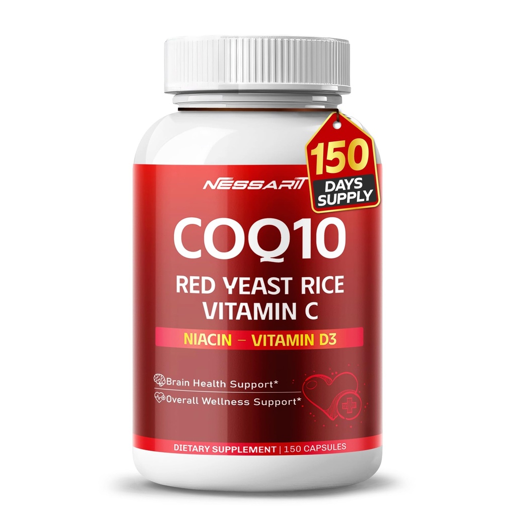 COQ10 + Red Yeast Rice Supplement - 10-in-1 Natural Blend with Omega 3 Vitamin B3, K2, D3, Zinc Milk Thistle Black Pepper - 150 Count