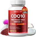 COQ10 + Integratore di riso di lievito rosso - 10-in-1 Miscela naturale con Omega 3 Vitamina B3, K2, D3, Zinc Milk Thistle Black Pepper - 150 Conte - Made & Tested in USA