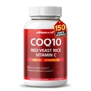 COQ10 + Red Yeast Rice Supplement - 10-in-1 Natural Blend with Omega 3 Vitamin B3, K2, D3, Zinc Milk Thistle Black Pepper - 150 Count