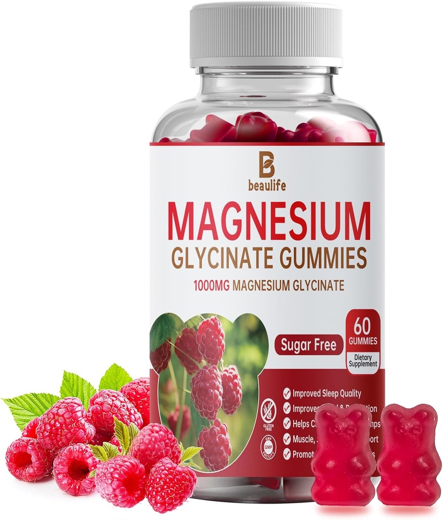 Magnesium Glycinat Gummies, Magnesium Supplement, Magnesium Glycinate, C-vitamin, D, B12, CoQ10, for Rolig Mood & Muscle, Sleep, for voksne, 60 Gummies
