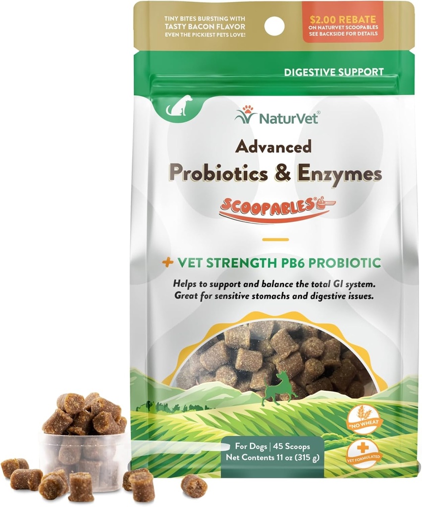 NaturVet Scoopables Probiotiko aurreratuak txakurrentzat - Txakur-probiotikoak eta entzima digestiotsuak - Zure maskotarentzat osasuntsu bat onartzen du - Hickory Smoked Bacon Flavor | 11oz Bag