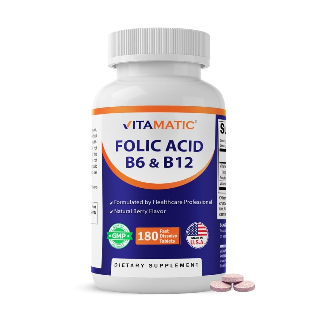 Vitamatic Folic Acid, Vitamin B12 & B6 – 180 Fast Dissolve Tablets Heart Health, Energy Production & Red Blood Cell Support