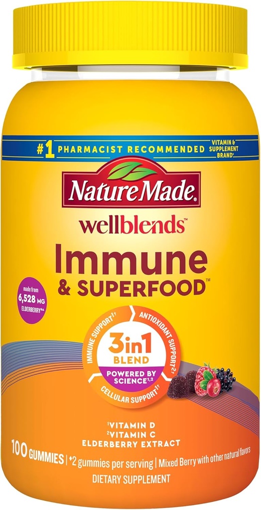 Natura Made Wellblends Immune & Superfood, Gume de elderberry cu extract de Acerola Cherry, Plus Vitamina C + Vitamina D, Supliment de sprijin imun, 100 Gummy Vitamine