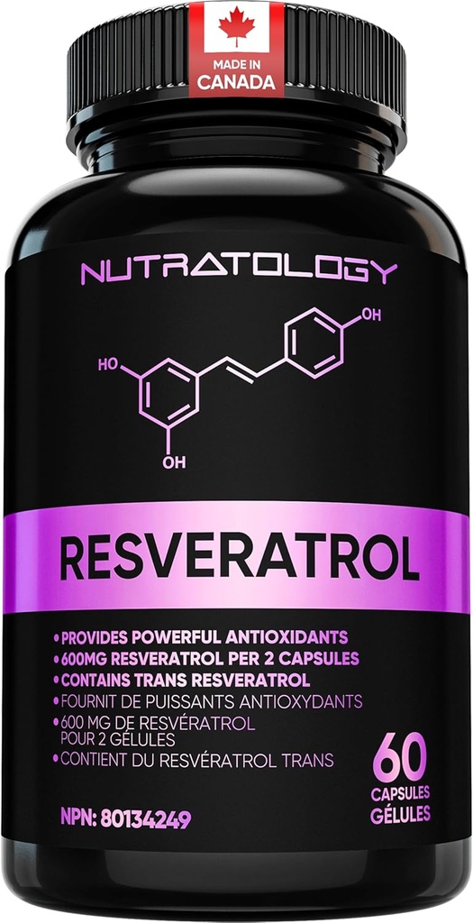 Nutratologi Resveratrol Supplement- Potent Antioksidant Supplement - Anti Aging Trans Resveratrol - Øker kardiovaskulær helse, celle regenerering og hårvekst - 60 Kapsler - 30 Serveringer