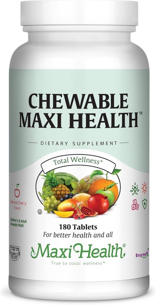 Maxi Health Chewable Multivitamin for Children, Teens and Adults - Cherry Chewable Vitamin for Dewata & Children - Kosher Kids Multivitamin + Iron (180 Tablet)
