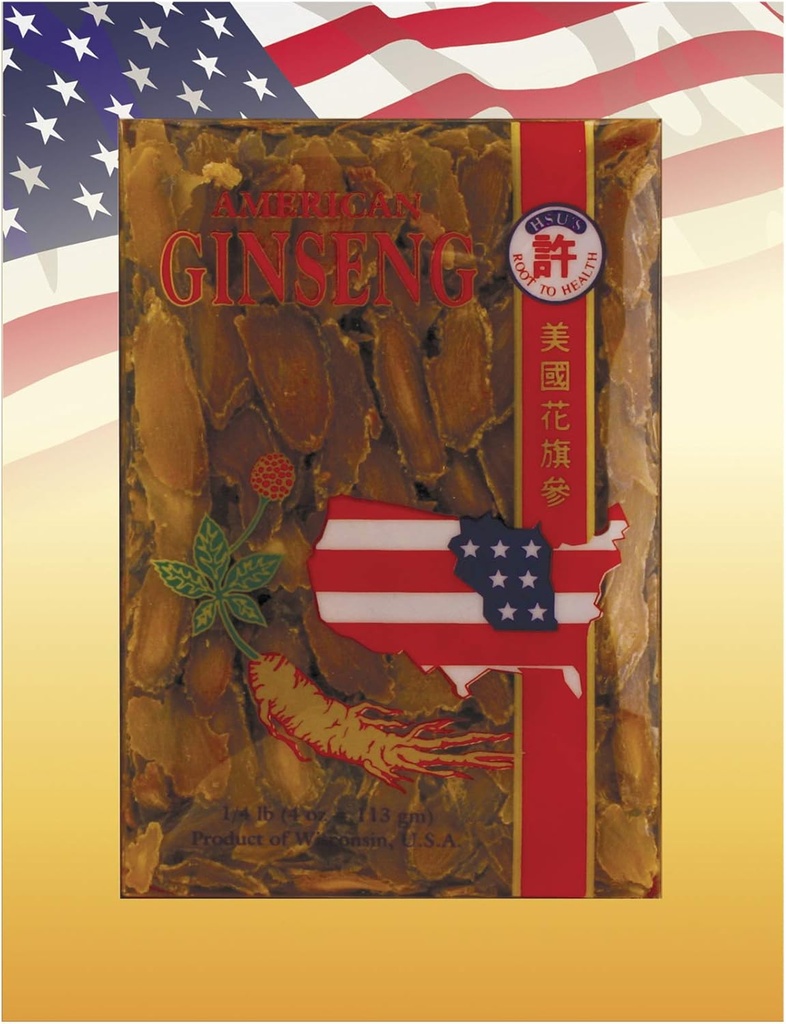 HSU 's Ginseng SKU 014644. American Red Slices 12.4; Cultivated Five Years Red American Ginseng 126; Sungnim 124; 4 oz Box, 4x