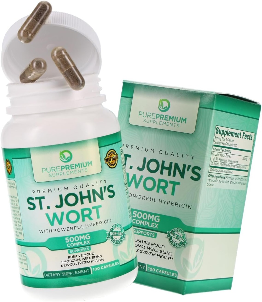 Pure Premium St. Johns Wort Capsules 500mmg - Suport d' ànim suplementari - Hebal & Natural Stress suplementaris - St John Wort Implementació positiu d' ànims per a homes i dones - 3 Money - 100 Capules