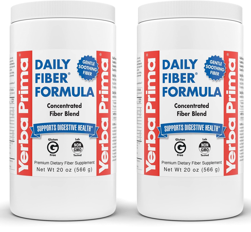 Yerba Prima Daily Fiber Formula - 20 oz Powder (Pack of 2) - Unflavored, Concentrated Blend of Soluble/Insoluble, Psyllium Seed Husks, Acacia Gum, Apple Fiber Supplement - Regularity Colon Cleanser