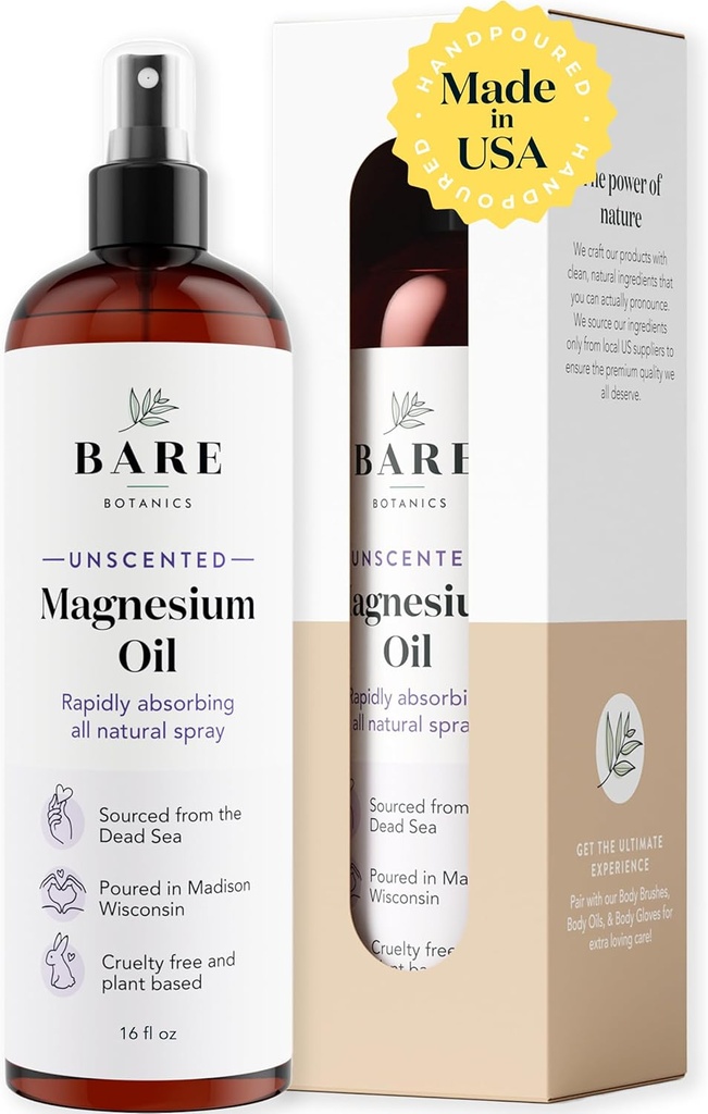 Bare Botanics Unscented 16oz reines Magnesium Öl Spray aus dem Toten Meer | Schnell absorbieren | Handpoured in Madison, WI | Unterstützt Schlaf & Beruhigt saure Muskeln