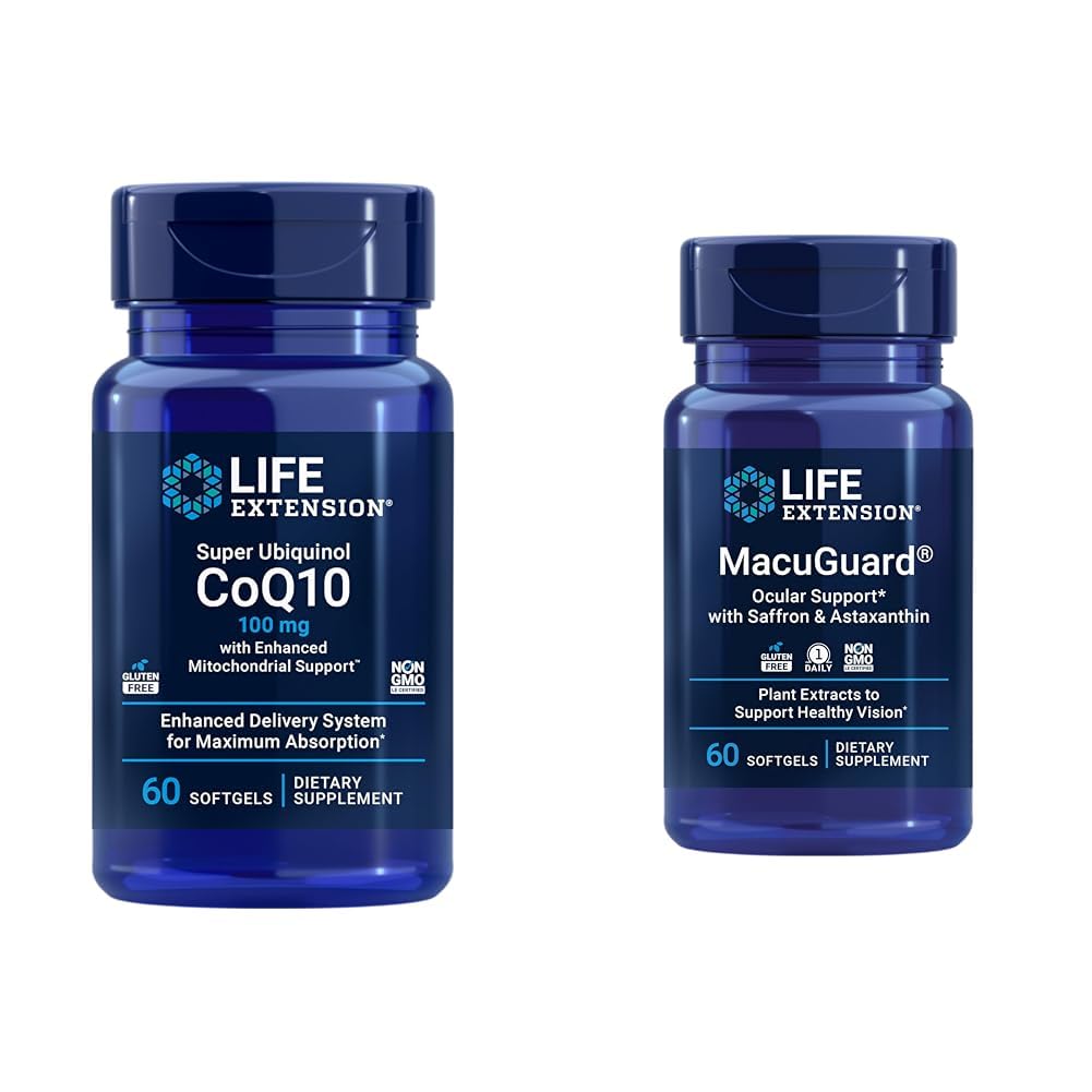 Life Extension Super Ubiquinol CoQ10 Heart Health Cellular Energy 60 Softgels & Macuguard Ocular Support Lutein Zeaxanthin Saffron Astaxanthin Eye Health 60 Count